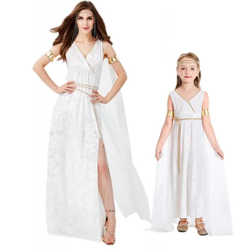 Halloween Purim Adult Kids Ancient Greek Goddess Athena Costume Roman Grecian Toga Dress for Women Girls US3772