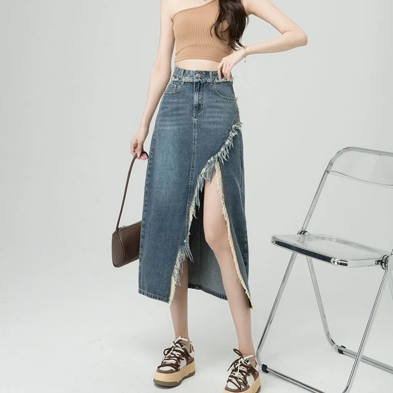 

Summer Hot Sale Women Raw Edge Split Hem Design Mid-Long Dress Girls Fashion High Waist Denim Skirt Lady Solid Thin Jeans Skirt