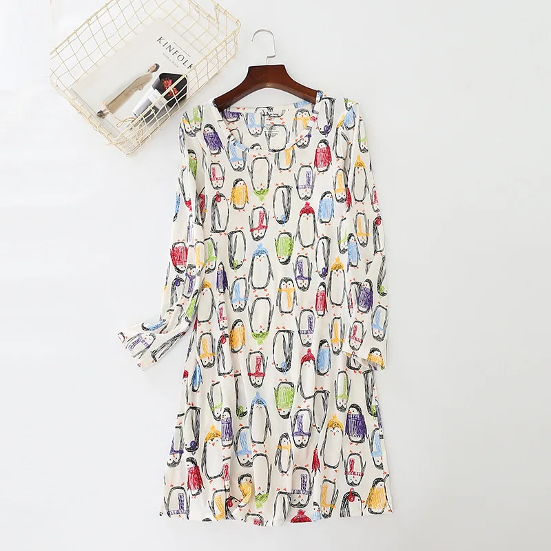 Spring Summer Women Casual Cartoon Sleep Dress Ladies Soft Cotton Nightgown Female Long Sleeve Plus Size Home Sleepshirt