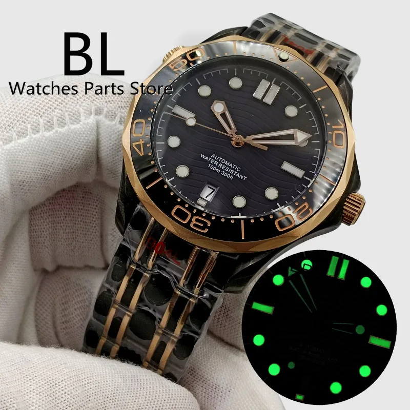 BLIGER 41mm Watch For Men NH35 Automatic Reloj Hombre 6 O'clock Date Window Black Dial Ceramic Bezel Luminous Two-tone Rose Gold