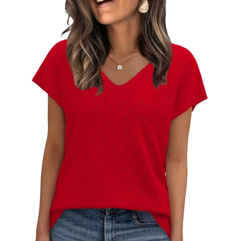 الملابس النسائية أوروبا أمريكا كل مباراة متماسكة تي شيرت صيف 2025 جديد غير رسمي فضفاض الخامس الرقبة قصيرة الأكمام البلوز سيدة الصلبة القمم #5