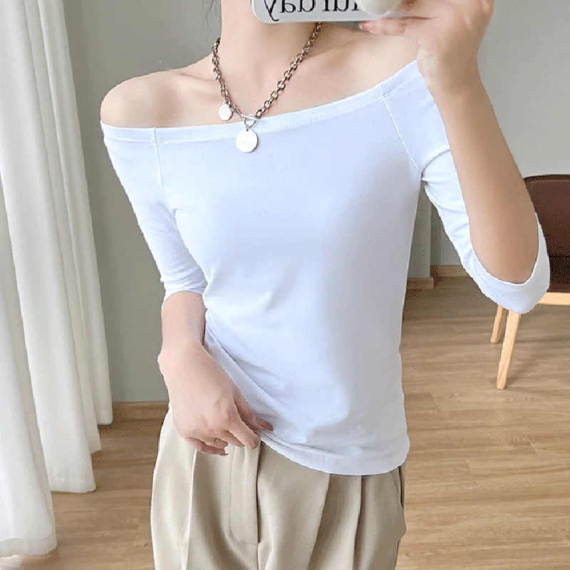 2023 Summer Slash Neck Crop Tops T Shirt Womens Sexy Off Shoulder T Shirts For Women Casual Half Sleeve Cotton Tee Shirt Femme