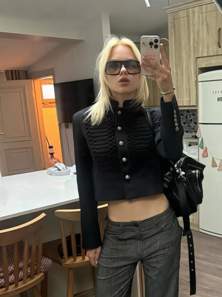 

Chic Women Cropped Jacket Spring Long Sleeve Single Breasted Stand Collar Fashion Female Coat High Street 2026 New Clothing