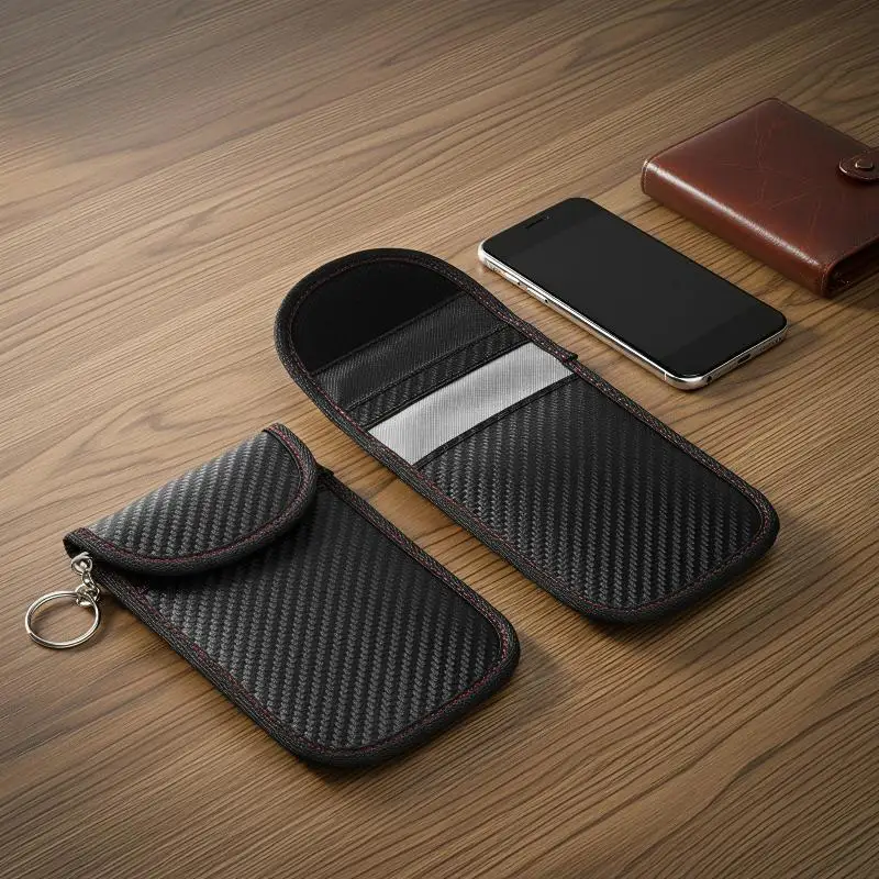 Étui de protection RFID pour clé de voiture, double couche en fibre de carbone, antivol, anti-scannage, pour accessoires automobiles et extérieur