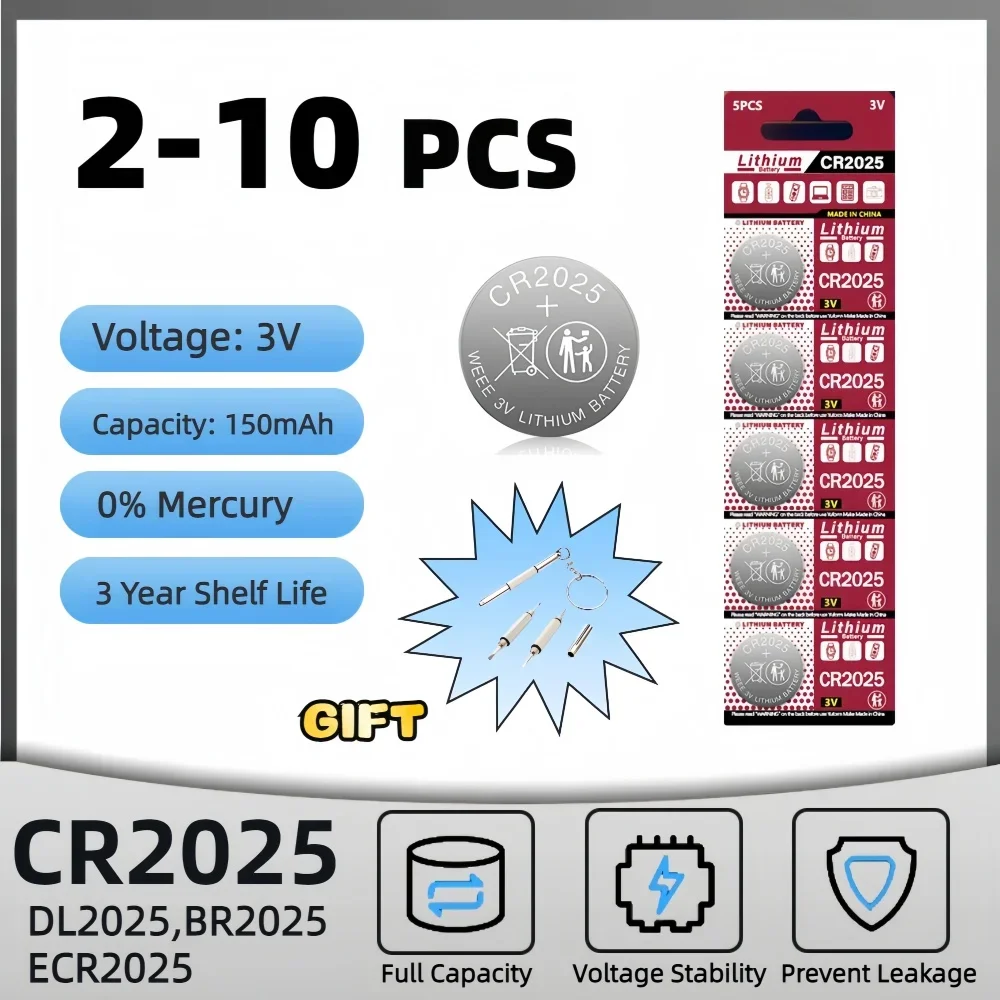 

2-10PCS CR2025 Battery CR 2025 3V Lithium Battery DL2025 BR2025 KCR2025 For Car Remote Control Watch Button Coin Cells