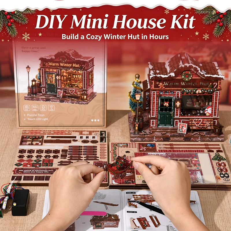 DIY 3D Wooden Warm Winter Hut Cottage Jigsaw Puzzles Miniature Model Kits Puzzles for Friends Girls Christmas Gifts