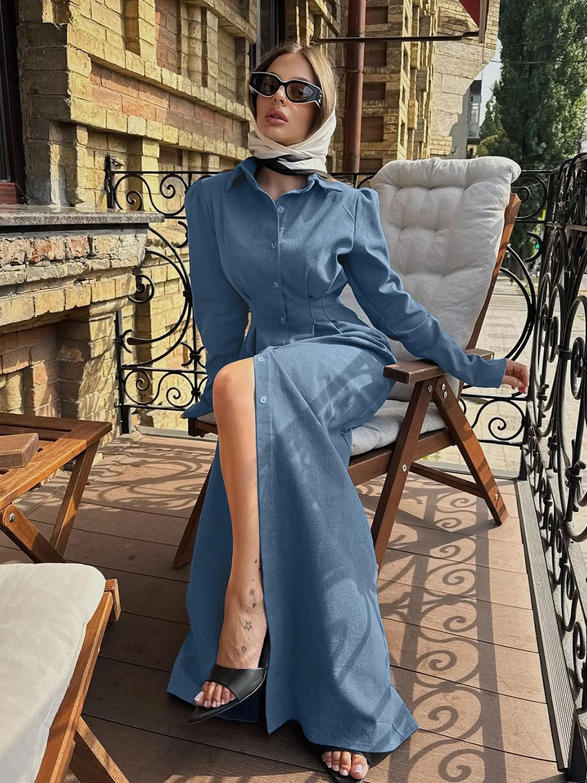 Marthaqiqi Piyama Wanita Modis Pakaian Tidur Seksi Kerah Lipat Pakaian Tidur Lengan Panjang Gaun Panjang Wanita Gaun Tidur Musim Dingin