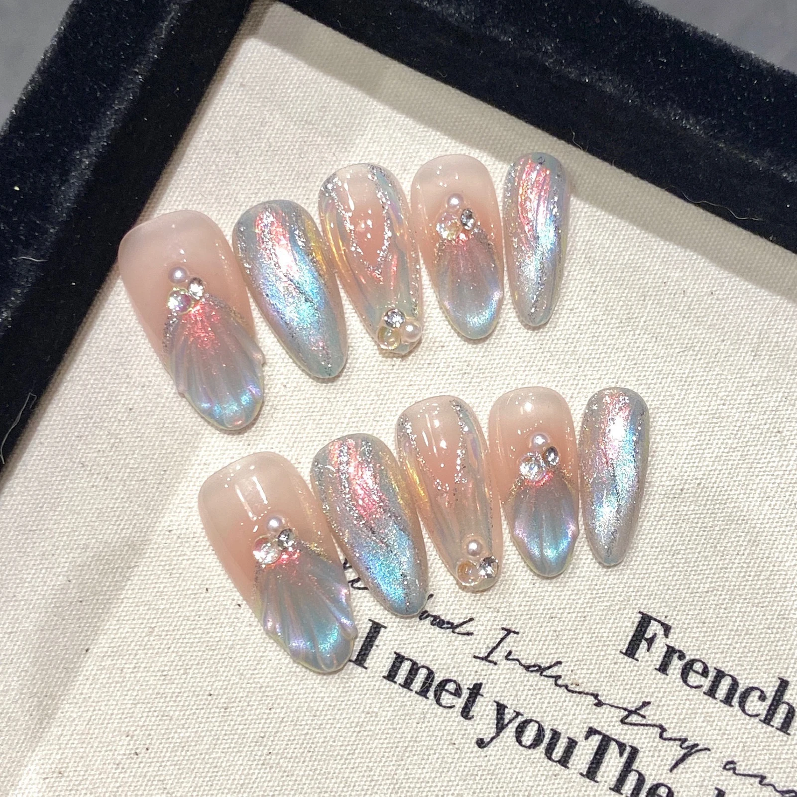 

10 шт., миндальный цвет, Русалка, мечта, пресс для ногтей, глянцевые накладные ногти с блестящим дизайном для женщин и девочек, вечерние, свадебные