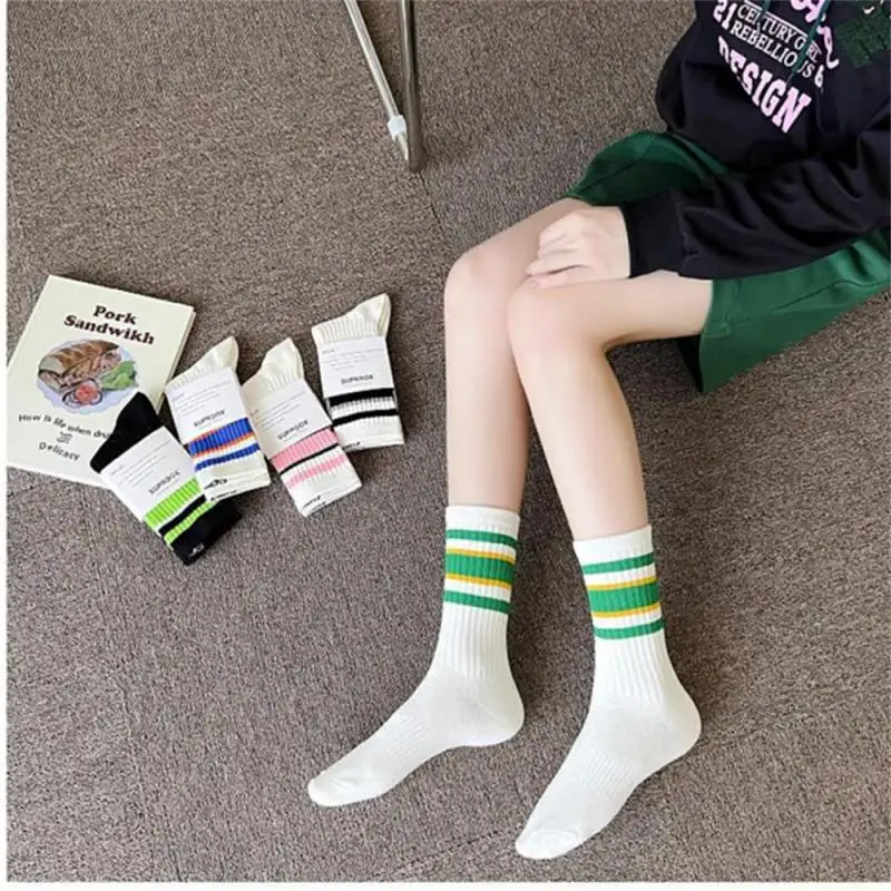 1 Pairs Women's Socks Cute Harajuku Warm Sock Simple Colorful Striped Short Socks Fashion Spring Autumn Women's Mid Length Socks