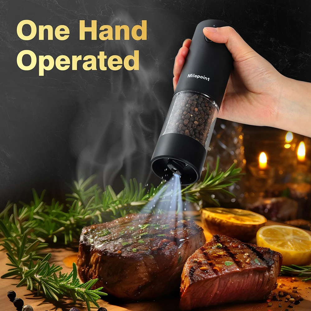 NEW Milepoint Electric Salt and Pepper Grinder Set Seasonings Spice Mill LED Light 5-Mode Rechargeable 2pcs Kitchen Cooking Tool