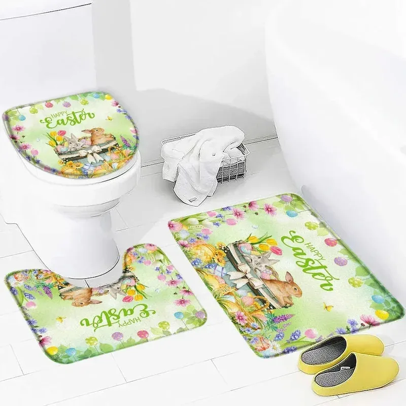 

IJH36Забавный пасхальный кролик, набор ковриков для ванной, весенние цветы тюльпана, кроличьи яйца, домашний напольный ковер, декор для ванной комнаты, нескользящие коврики для унитаза, 2 МГ $