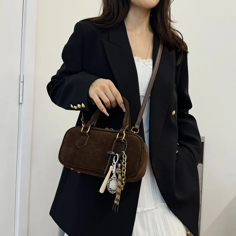 Autumn Winter All-Match Square Shoulder Bag Women Vintage Suede Small Handbags and Purses Lady Short Handle Bags with Pendant