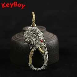 Thai Style White Copper Wild Elephant Keyrings Retro Carved Lucky Car Keychain Pendant Auspicious High-ends Men Waist Hook Gifts