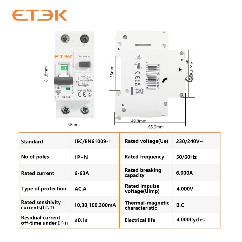 ETEK RCBO Interruttore automatico corrente residua a bassa tensione Tipo A 30 mA 2P (1P+N) Protezione contro le perdite di corrente breve RCD