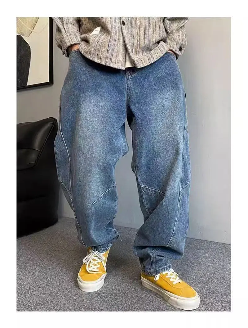 بنطلون جينز رجالي كبير الحجم كاجوال فضفاض مستقيم مدبب من قماش الدنيم ثقيل مغسول وواسع الساق مقاس كبير (50-150 كجم)