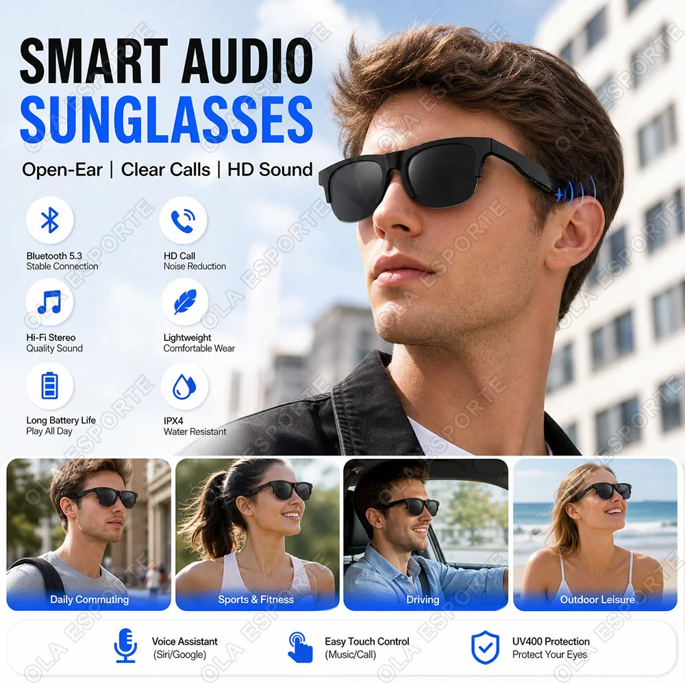 2026 New AI Smart Glasses Bluetooth V5.3 Sunglasses Glasses with Audio Mic AI Calling Real-time Smart Sunglasses for Men Women Q