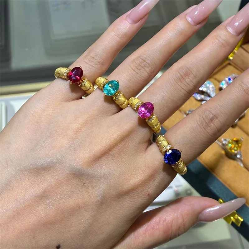 

ZFSILVER s925 Silver Luxury Cultivated Gemstone Gold Color Paraiba Pink Oval Ring Charm Women Wedding Party Jewelry Gift R3-0725