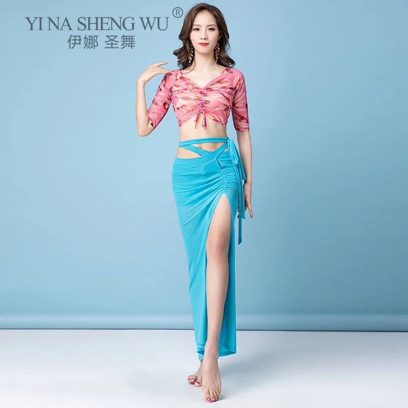 Zestaw do tańca brzucha dla dorosłych kobiet: elegancki, chłodny i oddychający top z nadrukiem, długa spódnica, profesjonalna odzież do występów tanecznych.