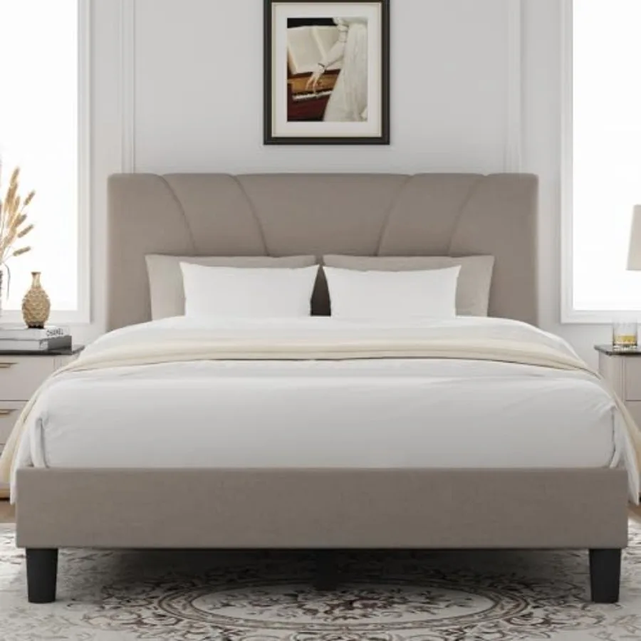 Queen Bed Frame with Headboard Queen Size Wood Slats Support Linen Upholstered Adjustable Headboard No Box Spring Needed Heavy