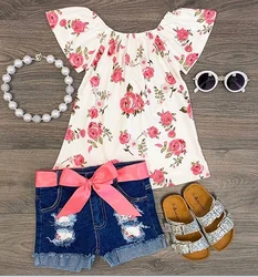 Toddler Girl Summer Clothes Set Floral T-shirts Denim Shorts 1T 2T 3T 4T 5T 6T Kids Girl Outfits