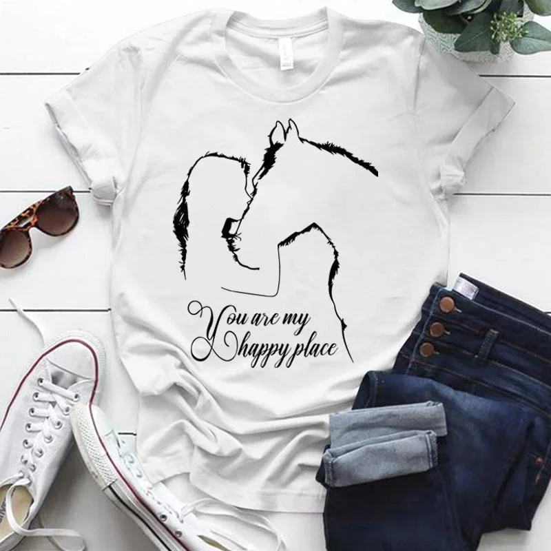 Funny Horse And Girl You Are My Happy Place Print T-shirts Summer Short Sleeve Tee Shirts For Women Round Neck