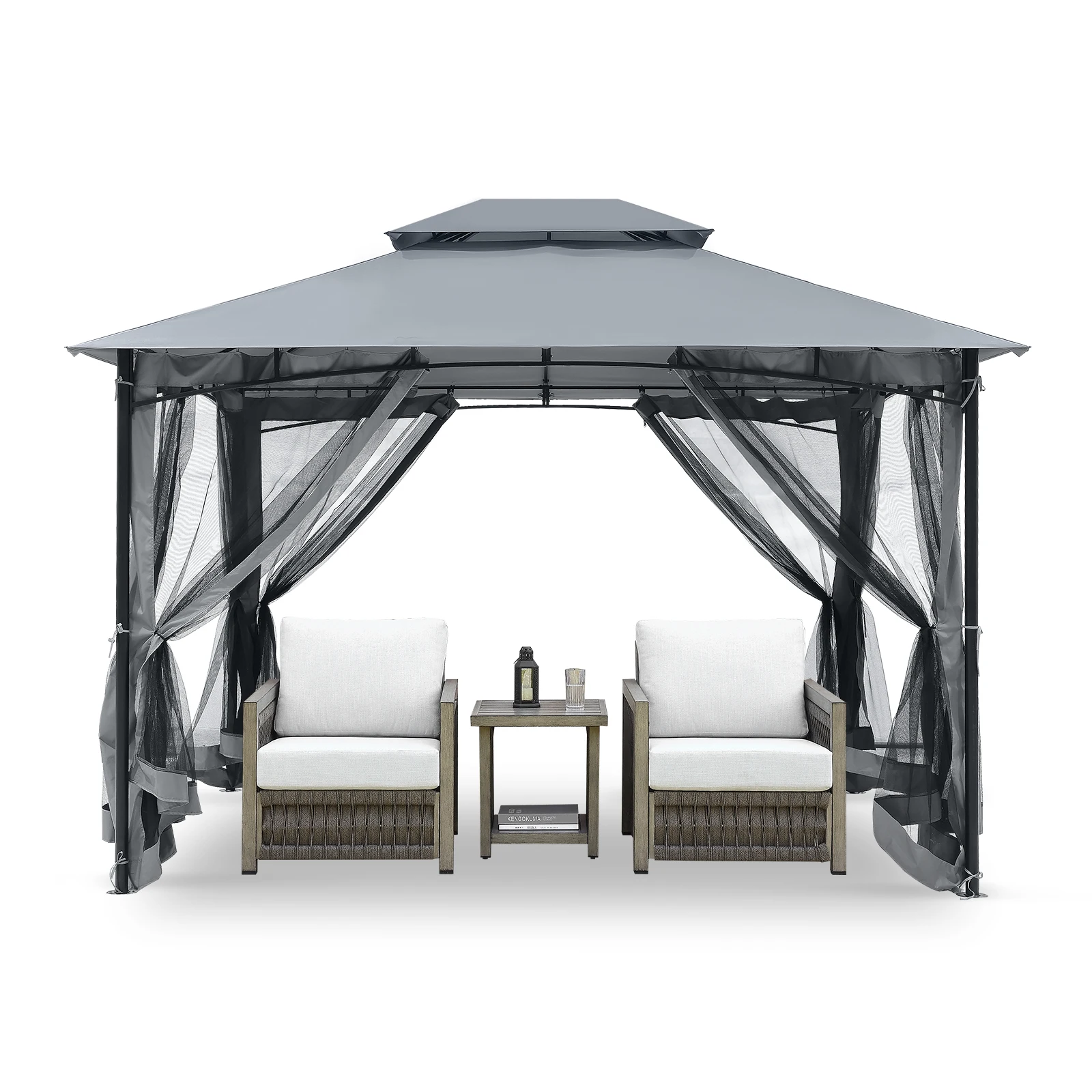 

10'X12' Outdoor Pergola Durable Metal Frame Blue Gray Patio Gazebo Canopy Zero Bugs Max Airflow Netting Wall Curtains 3x3.6m