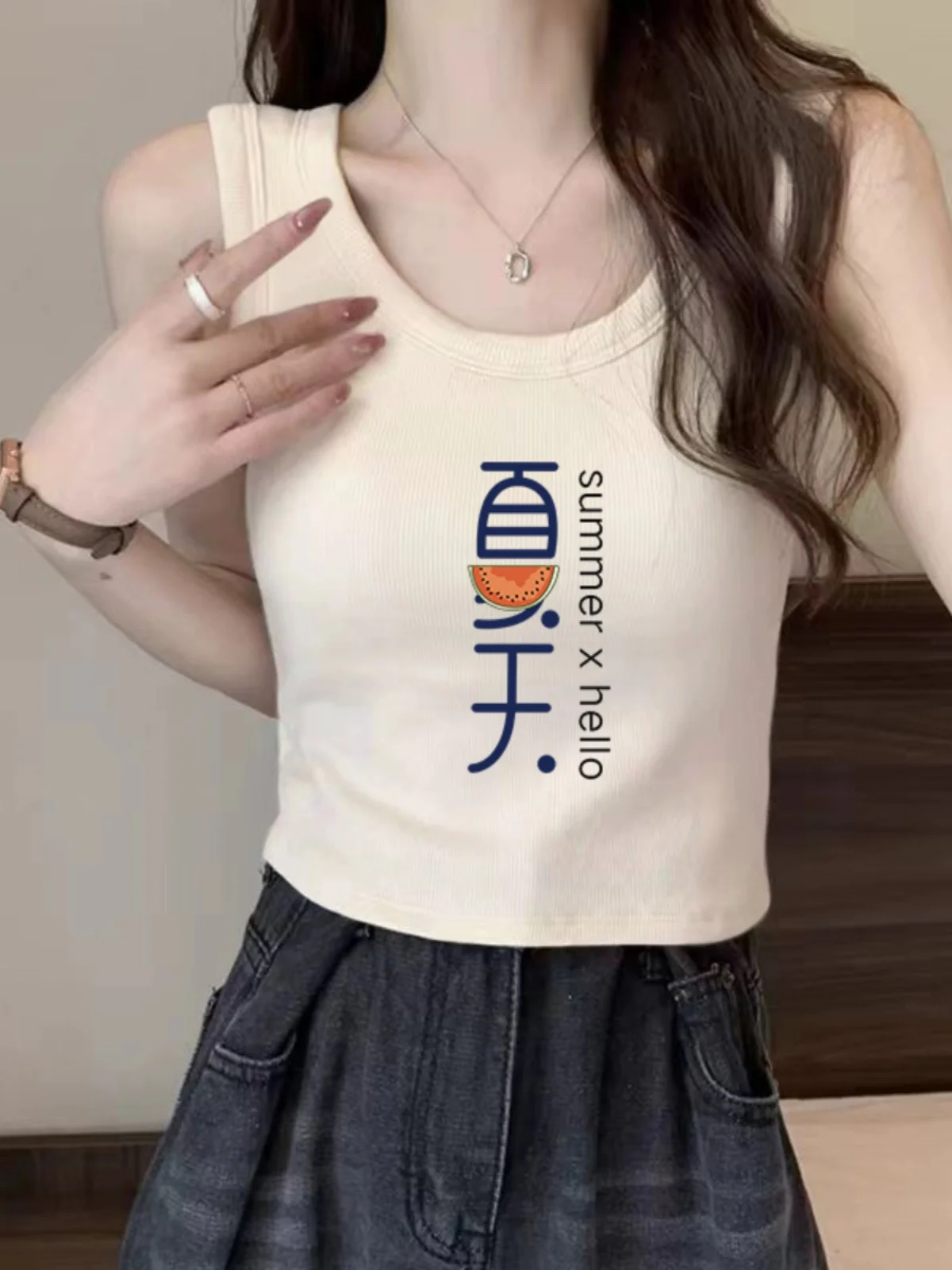 Summer 2025 Women's Slim Fit Cotton Camisole Tank Top Short Sleeveless Inner Wear Fashionable Printed Commute Style China Made