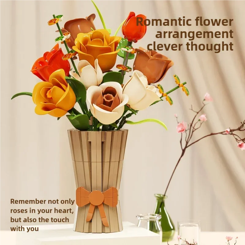 868PCS Rose Bouquet Building Blocks Eternal Flower Vase Model Bricks Desktop Decoration Young DIY Toys Girl Romantic Gifts