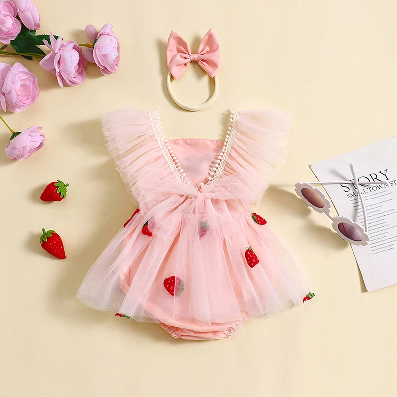 0-18M Baby Girl Summer Girl Strawberry Embroidered Sweetheart Dress jumpsuit Dress Flying Sleeves Embroidered Headband jumpsuit