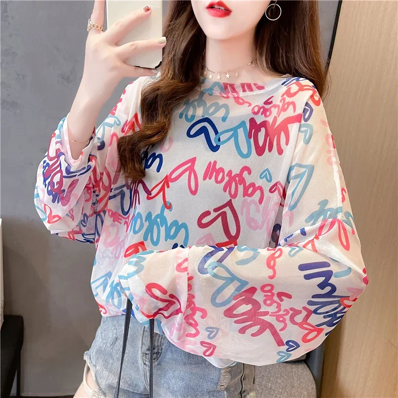 DAYIFUN-Women's Oversized T Shirts Transparent Mesh Tops Graffiti Long Sleeve Sheer Ladies Loose Sexy Tees Female Clothing Summe