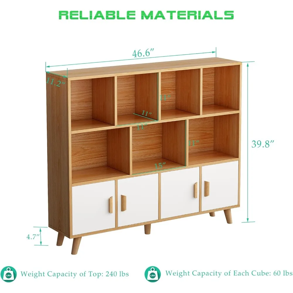 Oak Wooden 11 Cube Floor Standing Bookcase with Doors and Solid Wood Legs, 3-Tier Open Storage Cabinet