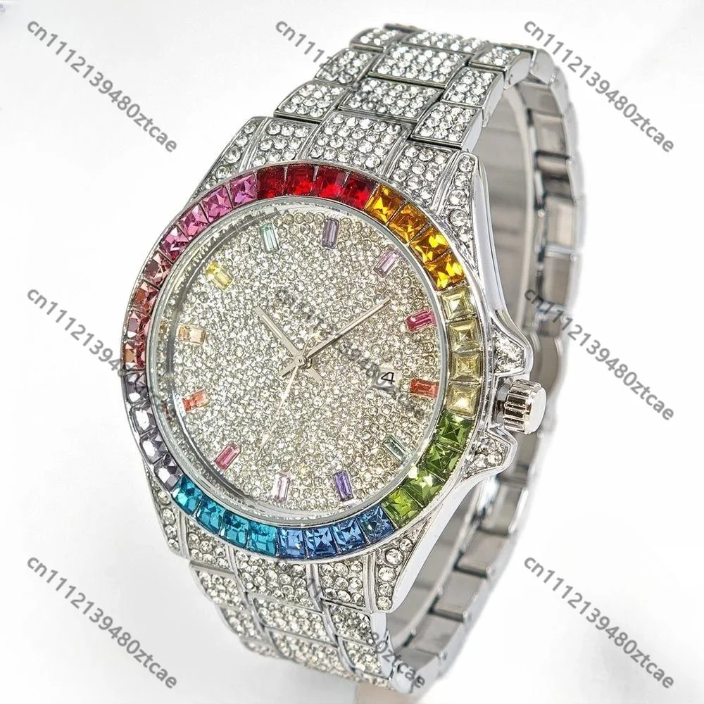 Hot Sell Fashion Gold Watch Men Hip Hop Rainbow Diamond Shiny Quartz Wristwatch Jewelry Dropshipping
