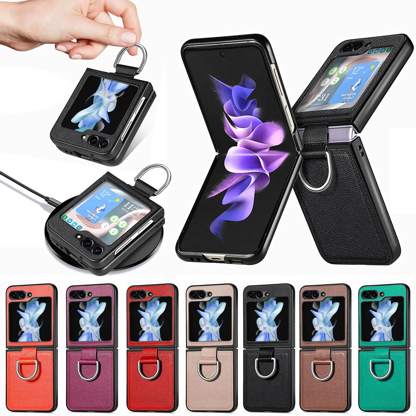 For Samsung Z Flip 6 5 4 3 2 1 flip6 flip4 flip3 Leather Finger Ring Case for Samsung Galaxy Z Flip 5 Flip5 Zflip5 5G Cover Capa