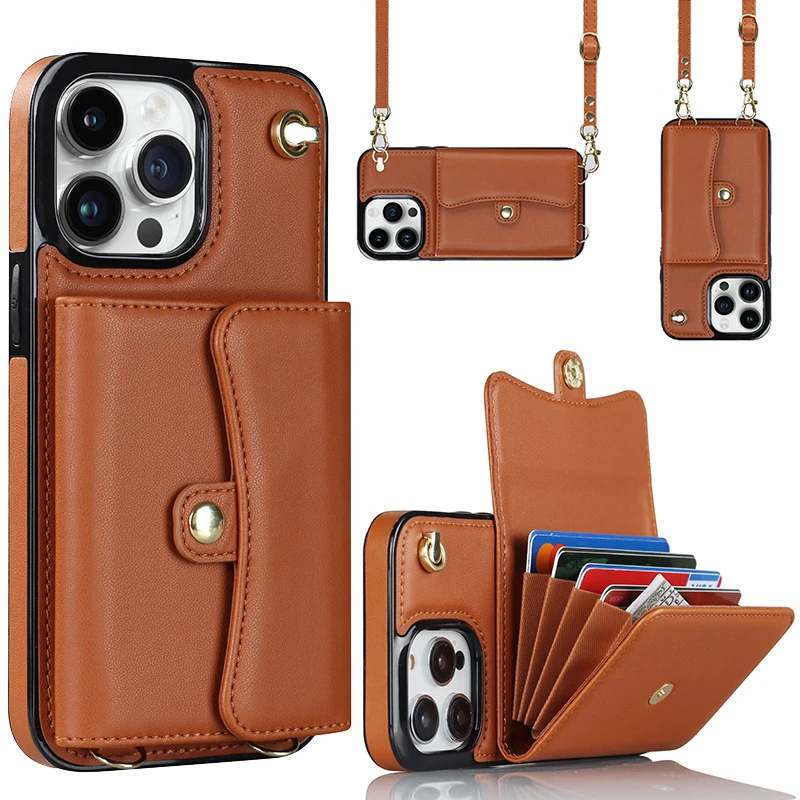 

Wallet Shoulder Strap Phone Case for iPhone 15 Pro Max 14 13 12 11 Pro Max 15 Plus 13 Pro Leather Card Slot Lanyard Back Cover