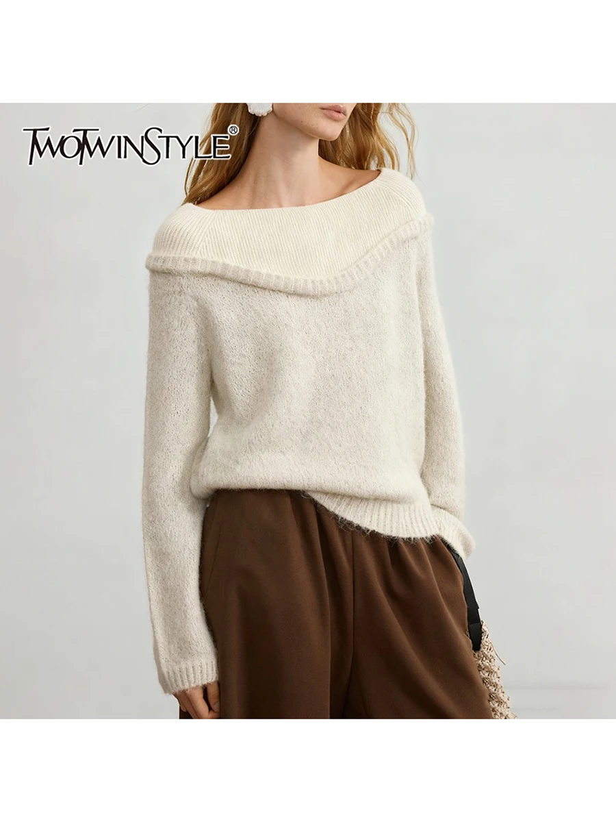 

TWOTWINSTYL элегантные свободные универсальные свитера для женщин, повседневный свитер с вырезом и длинными рукавами, женская осенне-зимняя одежда, новинка