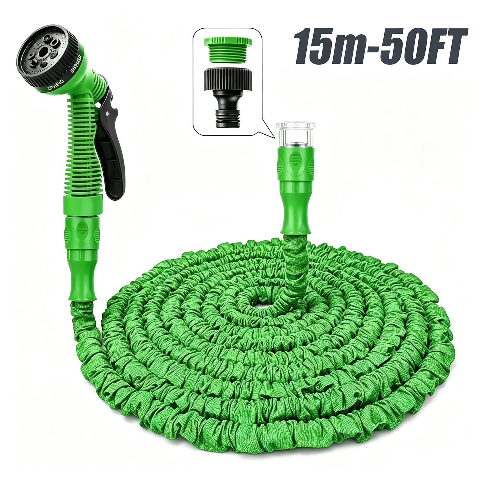 Tubo da giardino retrattile ed espandibile da 15 m (50 piedi) ad alta pressione con ugello multifunzione per irrigazione esterna, lavaggio auto e utensili domestici (Verde/Blu)