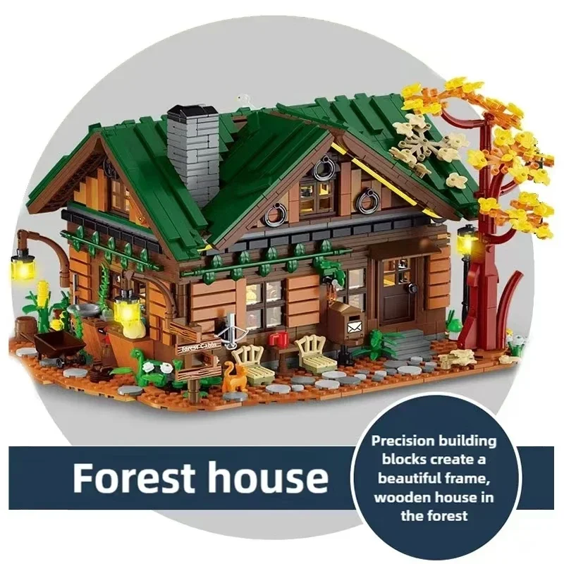 Street View Wald Hütte Gebäude Block Stadt Holz Hütte Wald Holz Haus Modell Ziegel Zusammengebautes Spielzeug Für Jungen Geburtstag Geschenk MOC