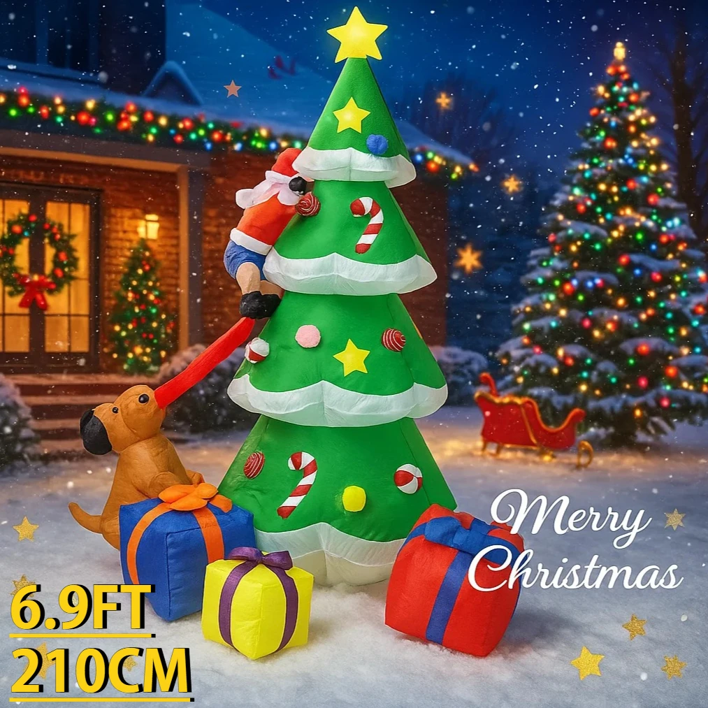 6.9FT LED Light Christmas Inflatable Yard Decorations Santa Claus Climbe Tree Dog Box Toy Xmas Supplies Ornaments Gifts Holiday