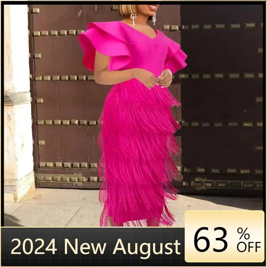 

Rose Tassel Dress Plus Size 4XL Bodycon Slim Party Ruffles Short Sleeves V Neck Fringe Elegant Fashion Prom Evening Party Gowns