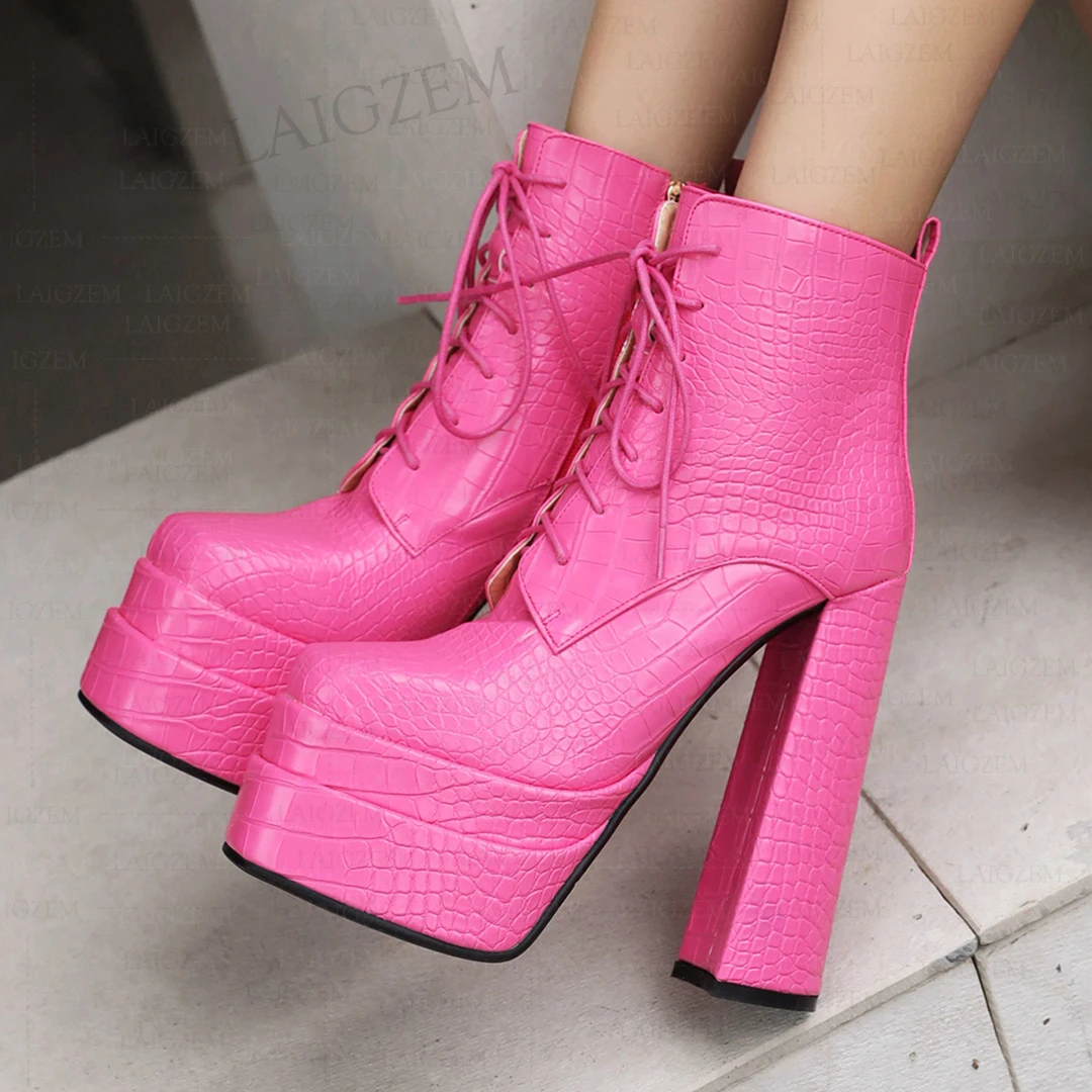 LAIGZEM Women Ankle Boots Crocodile Print Platfrom Zip Up Chunky High Heels Female Shoes Woman Handmade Big Size 33 38 40 42 43