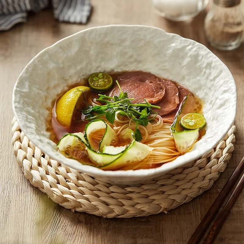 Rock grain soup bowl, household bamboo hat salad bowl, creative ceramic instant noodle bowl,