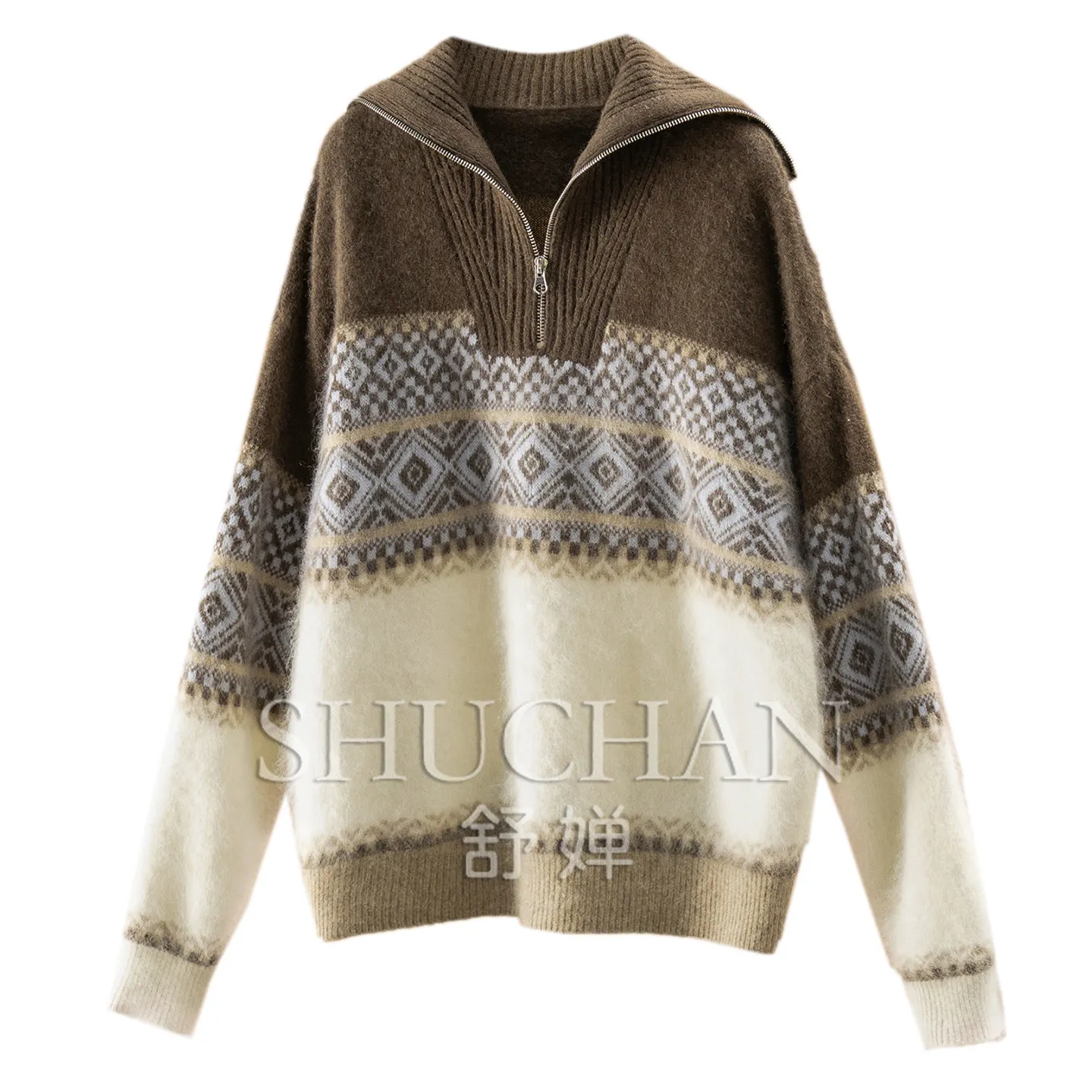 Vintage Fair Island Pullover  High Quality Mulberry Silk Cashmere Wool Pulled Polo Lapel Sweater Women 68W6