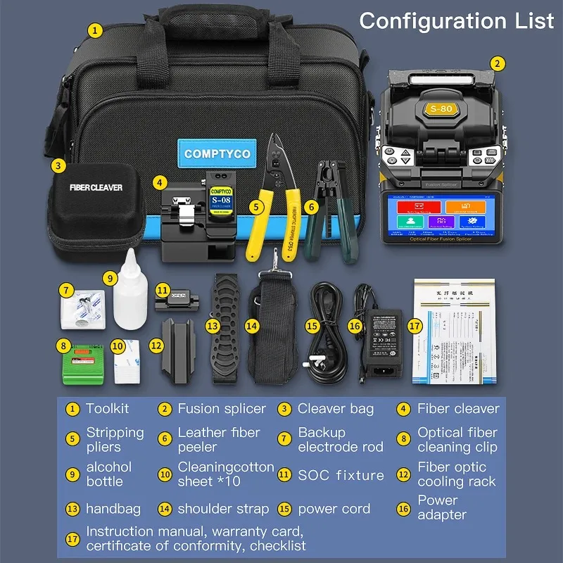 

COMPTYCO Fiber Optic Fusion Splicer S-80/A-80S Six Motors Optical Fiber Fusion Machine HD Touch Screen 10 Languages