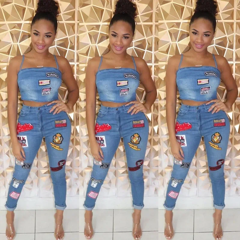 Summer Jeans Outfits 2027 Women Clothes Sets 2 Piece Birthday Party Club Sexy Crop Top and Pants Denim Two Piece Mathcing Set