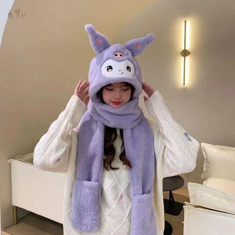 الكرتون سانريوس كورومي قبعة قفازات وشاح الكل في واحد ميلودي سينامورول فتاة الشتاء سدادات حماية الأذن المخملية رشاقته الدافئة مقنعين ندبة #3