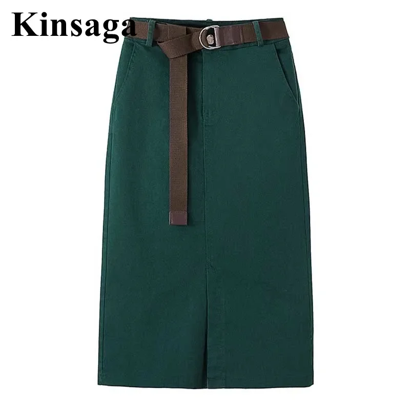 Woman Dark Green Straight Midi Skirts with Belt 4XL Spring Fall Elegant Korean Front Split Mid-length Sashes Belted Pencil Skirt