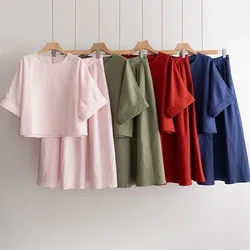 High Quality Linen Half Sleeve Pullover Top+  High Waist A-Line Skirt Casual Set