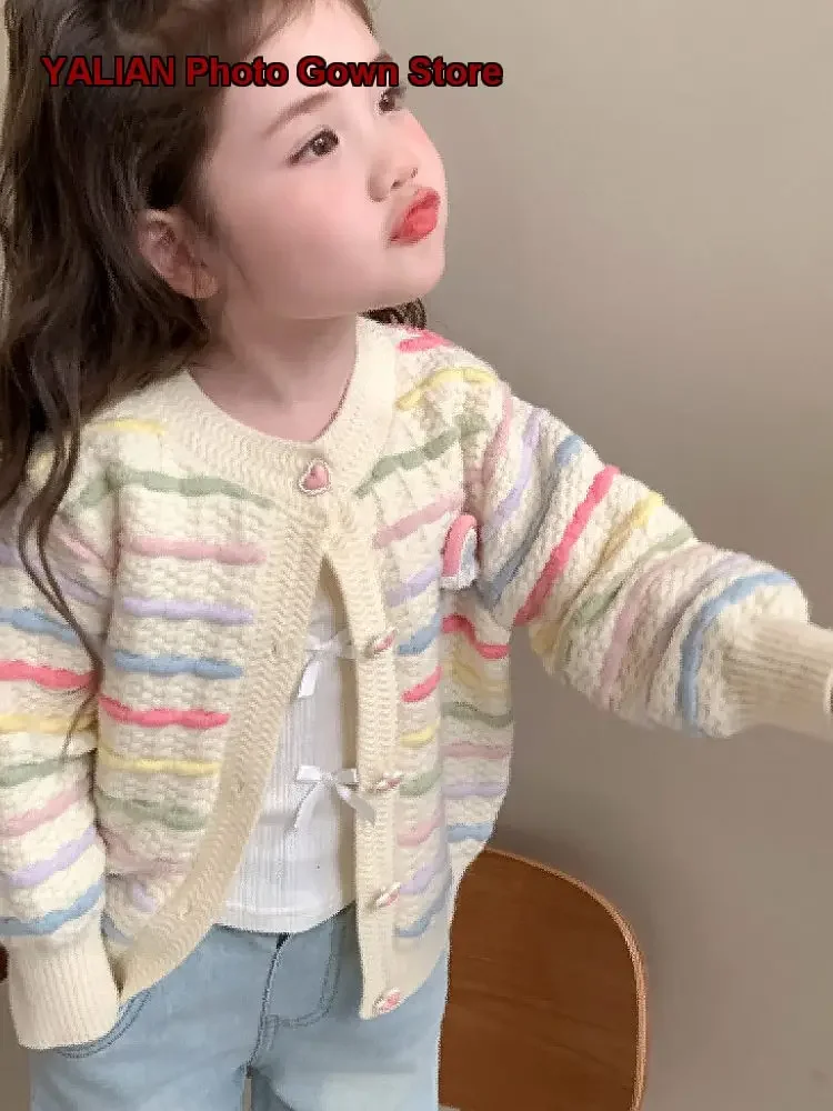 Girls Knit Cardigan 2025 Spring Rainbow Striped Casual Coat for Young Girls in Spring and Autumn 4
