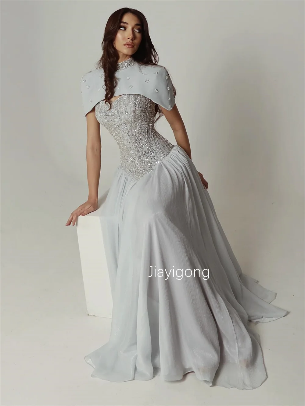 Customized Sparkle Chiffon Sequined Pattern A-line High Collar Long Evening Dresses Luxury 2025 Sizes Available
