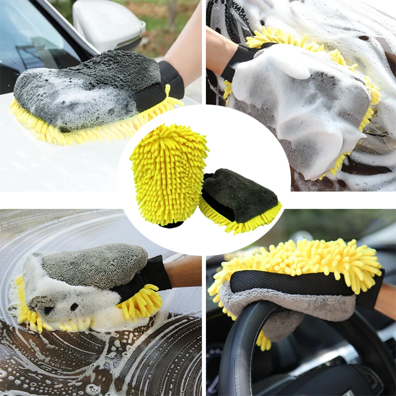 2 in 1 Ultrafine Fiber Chenille Microfiber Car Wash Glove Mitt Soft Mesh backing No Scratch for Car Wash Cleaning Glove